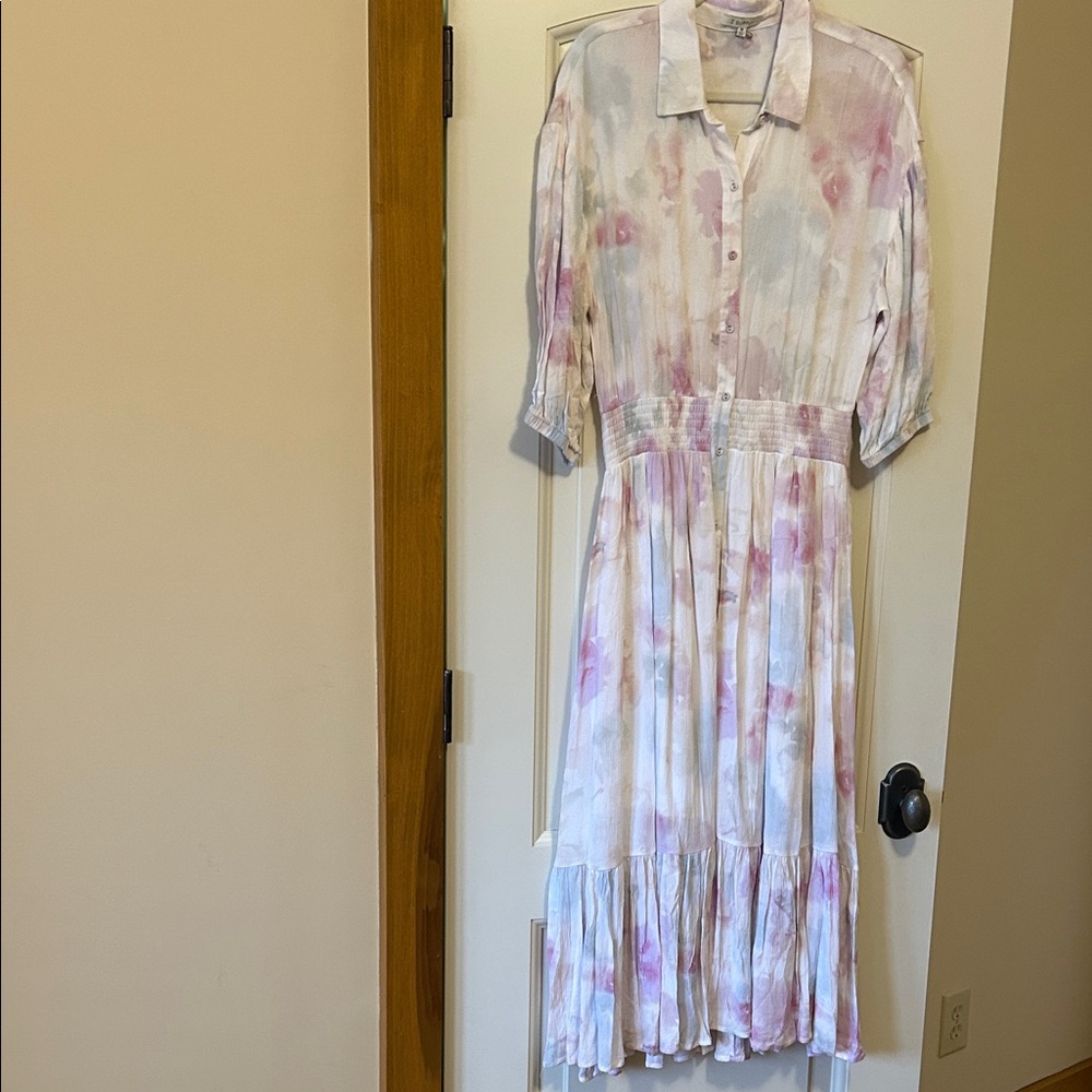 Z Supply White Maxi Shirt Dress with Pink Watercolor Wash and Ruffle Hem